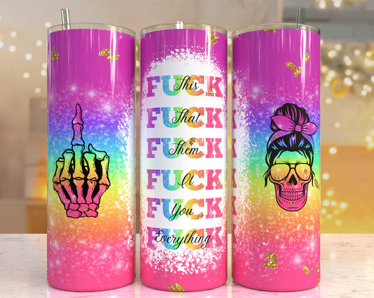 20oz Fuck Tumbler pink purple mom skull skinny