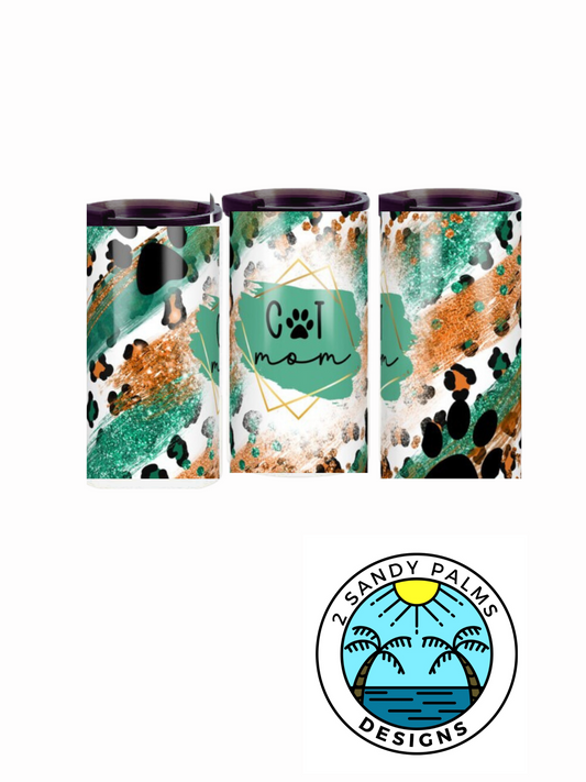 14oz. Cat mom green brown gold leopard print can cooler