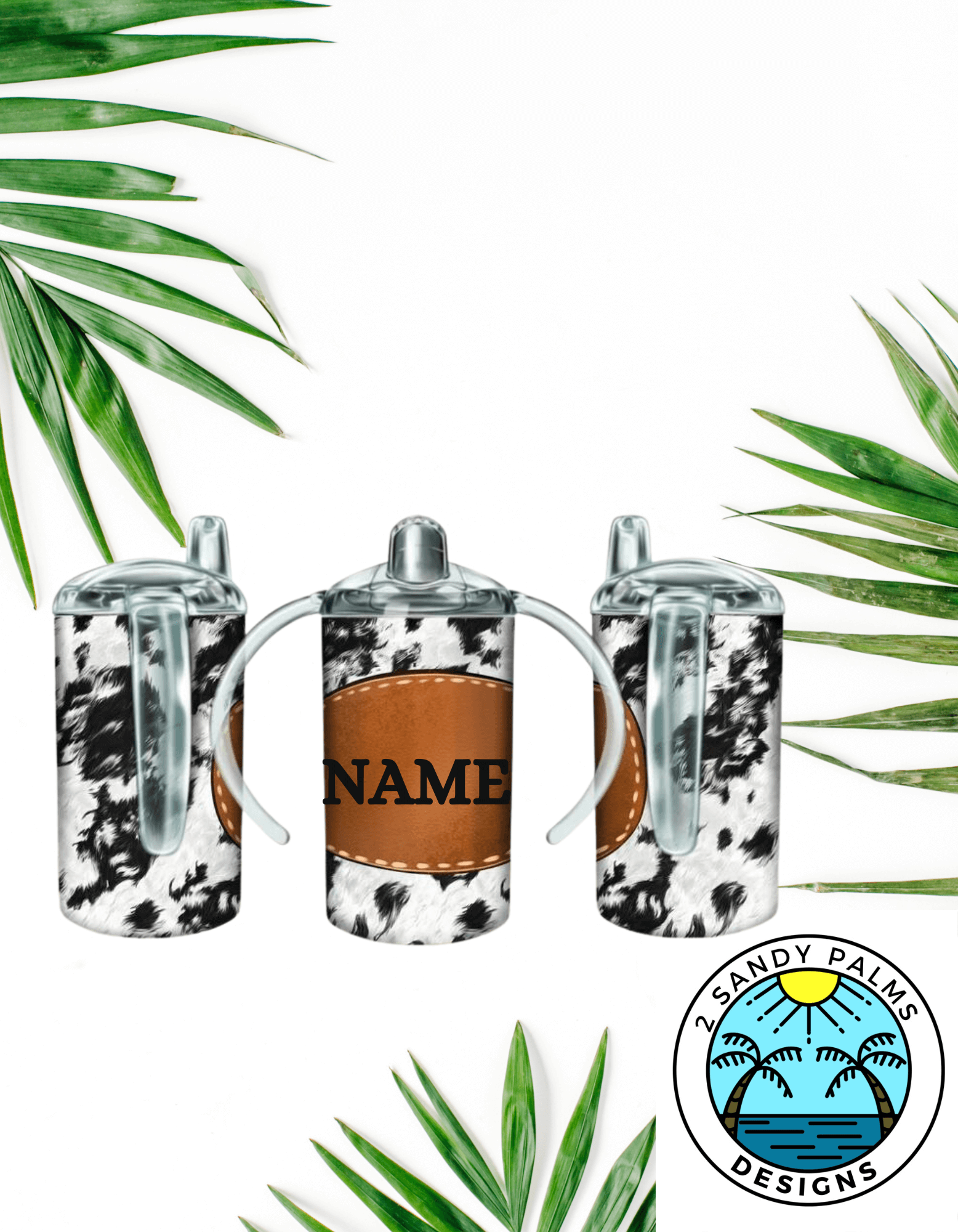 12oz Cow print duo/sippy cup tumbler leather add name black white