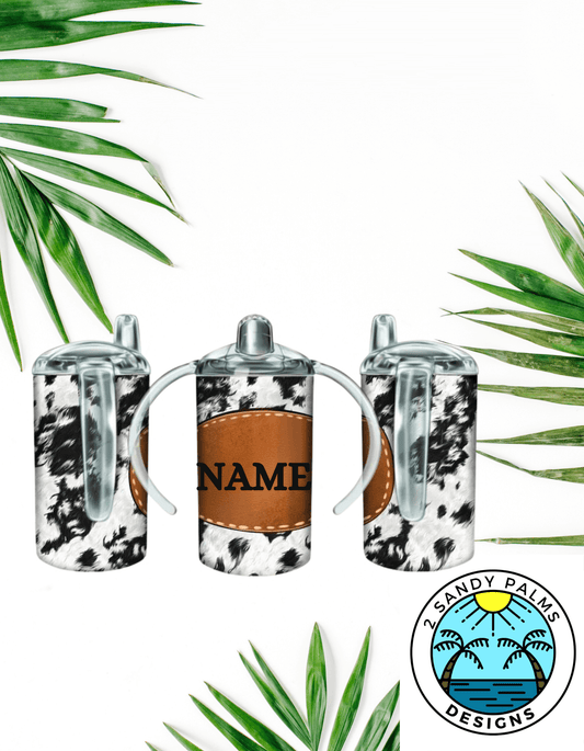 12oz Cow print duo/sippy cup tumbler leather add name black white