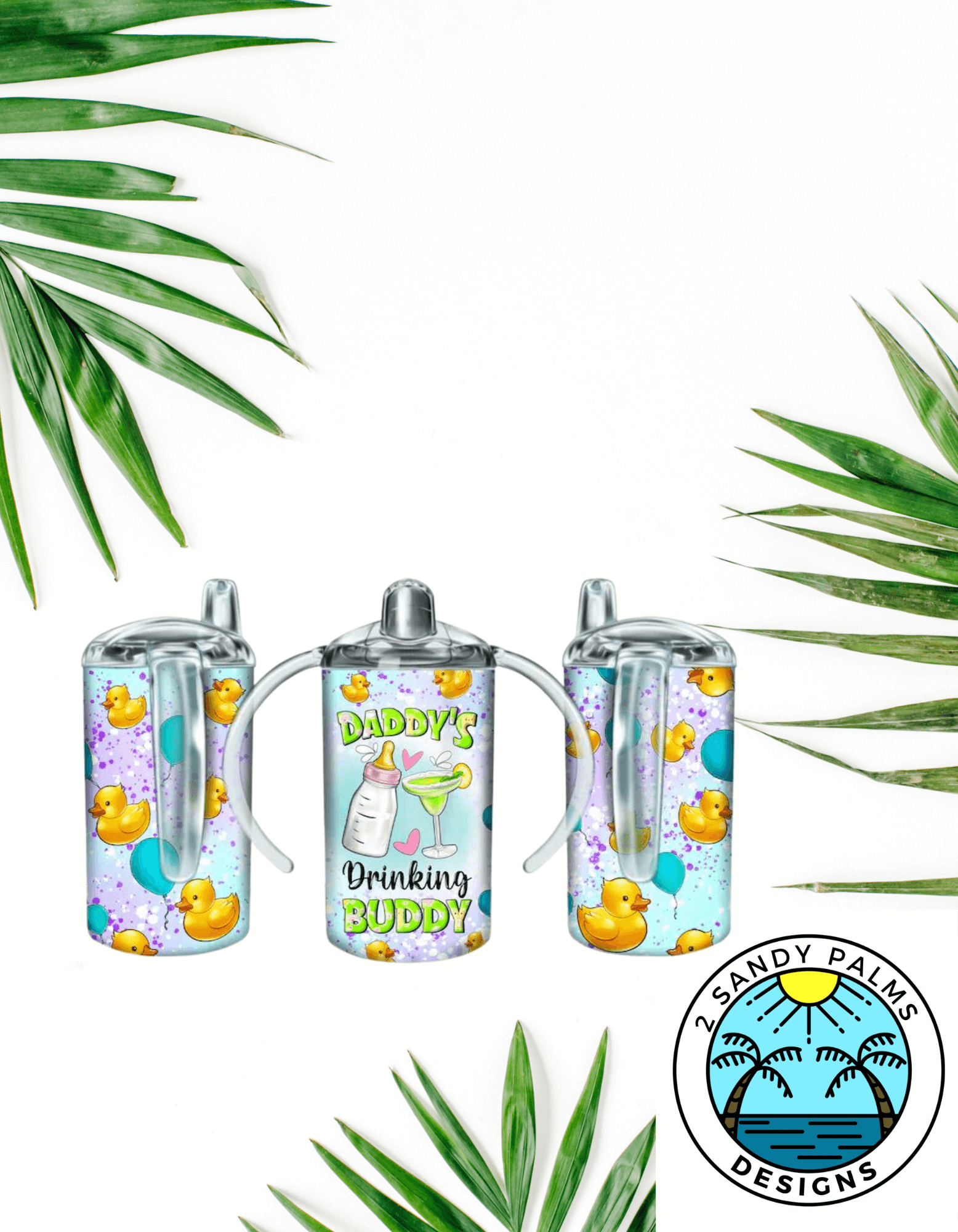 12oz Daddys Drinking Buddy colorful sippy cup duo tumbler with ducks and balloons