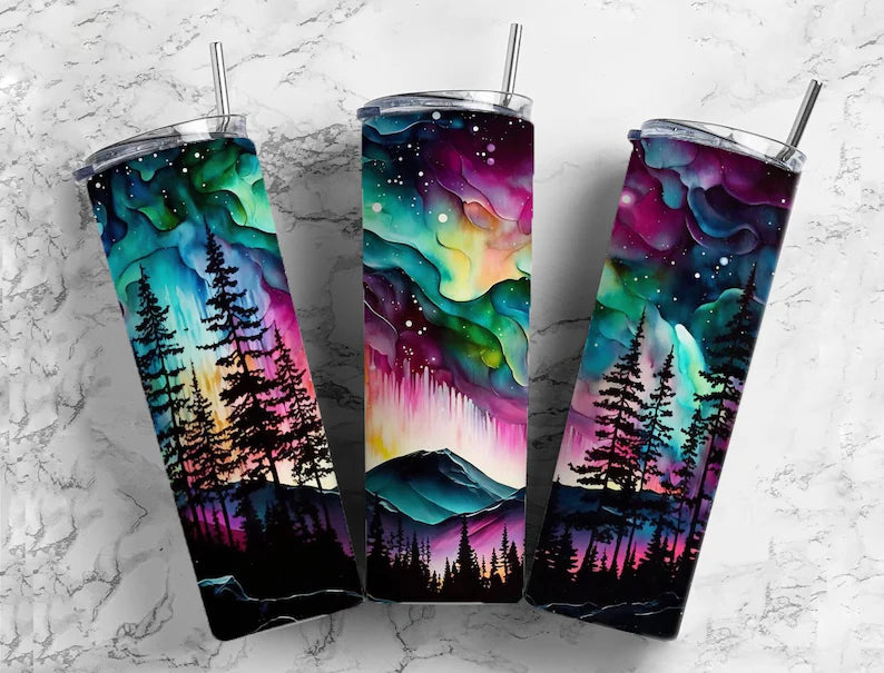 20oz Northern lights red blue black yellow pink mountains forest tumbler