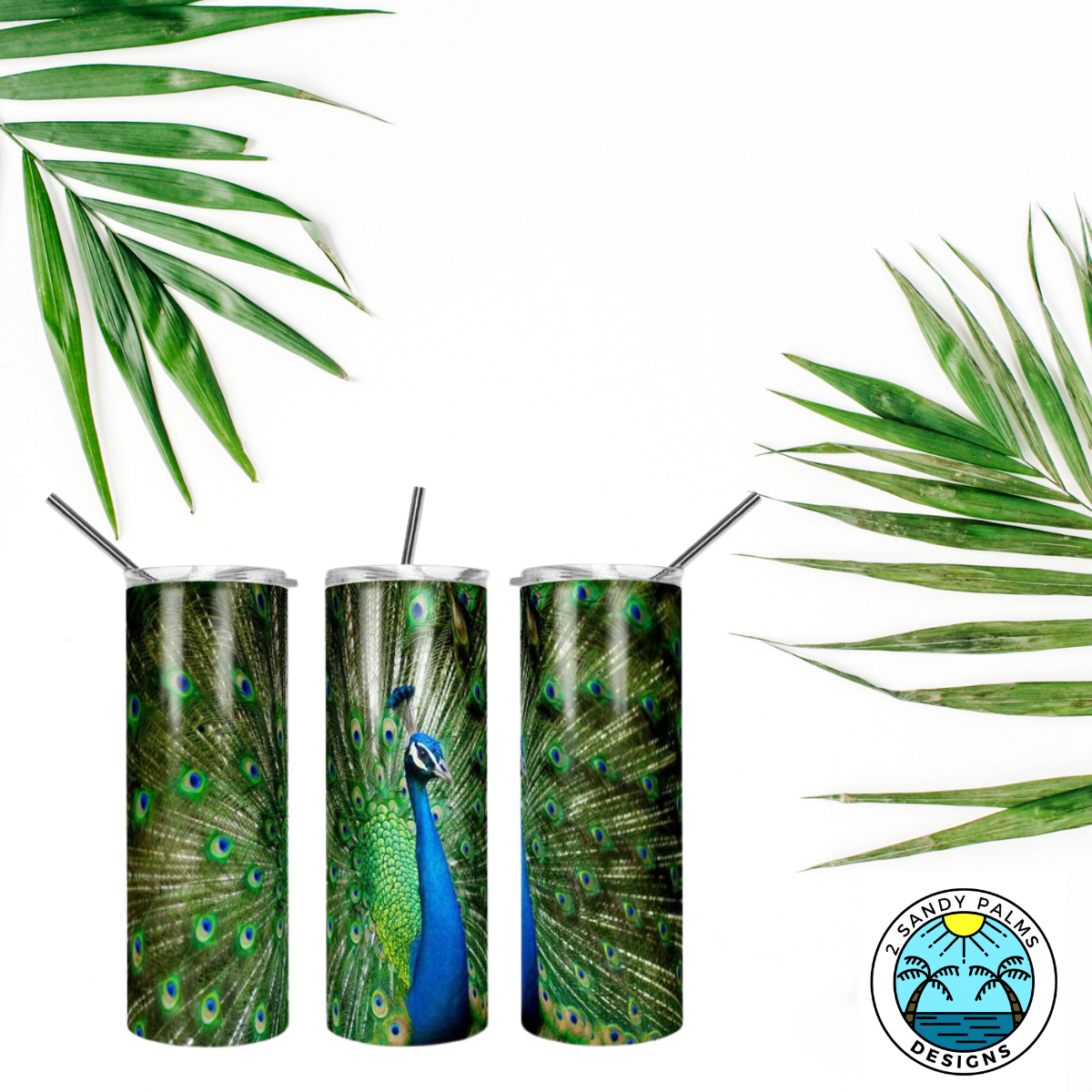 20oz. green and blue peacock tumbler skinny