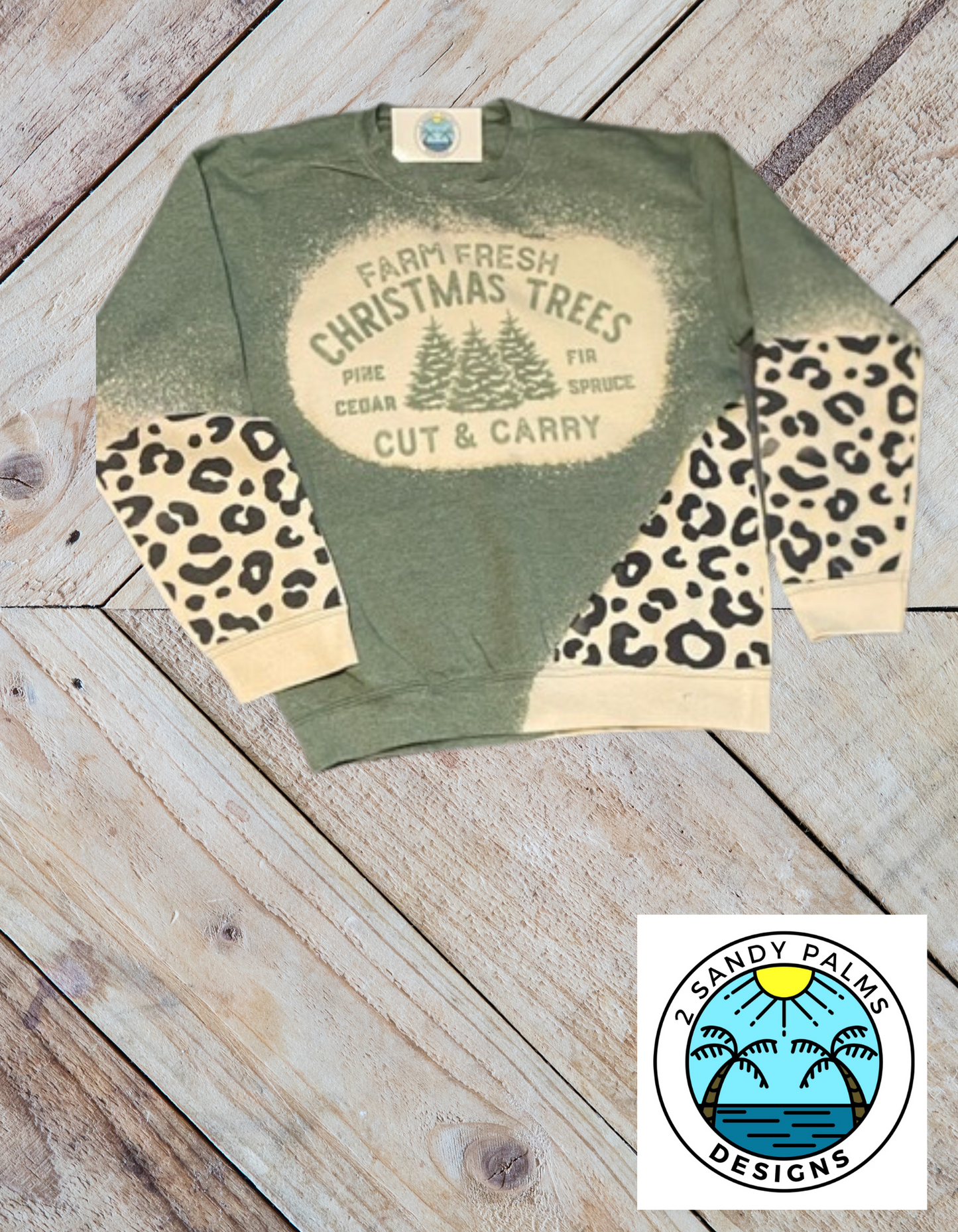 Heather Green Farm Fresh Christmas Trees Sweater with Leopard Print