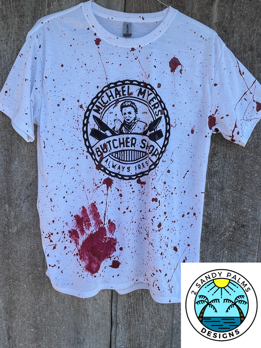 White Michael Myers Butcher Shop Blood Splatter t-shirt Fabric paint blood