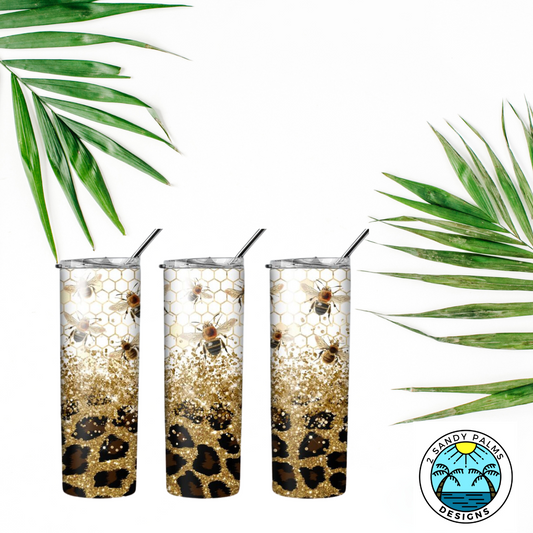 20oz. skinny bees & leopard print gold glitter tumbler