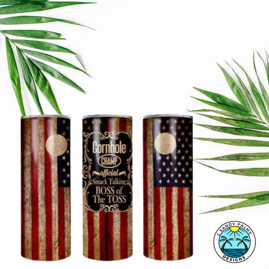 20oz. skinny american flag red blue cornhole champion tumbler