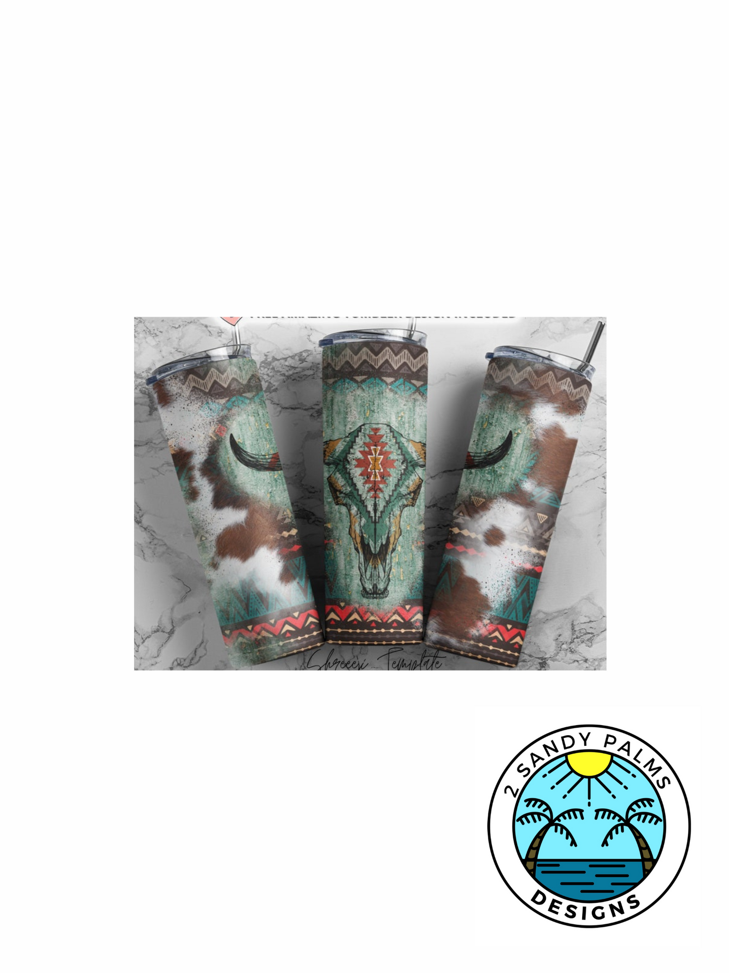 20oz skinny Bull skull brown cowhide green and red tribal