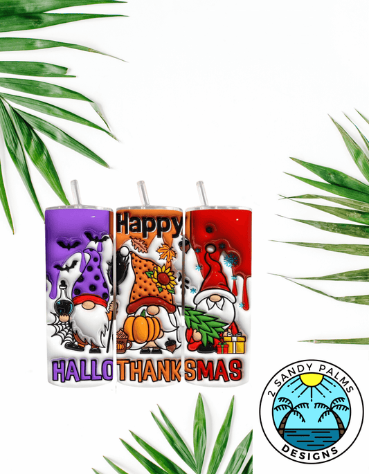 20oz Happy HALLOTHANKSMAS skinny tumbler gnome purple orange red