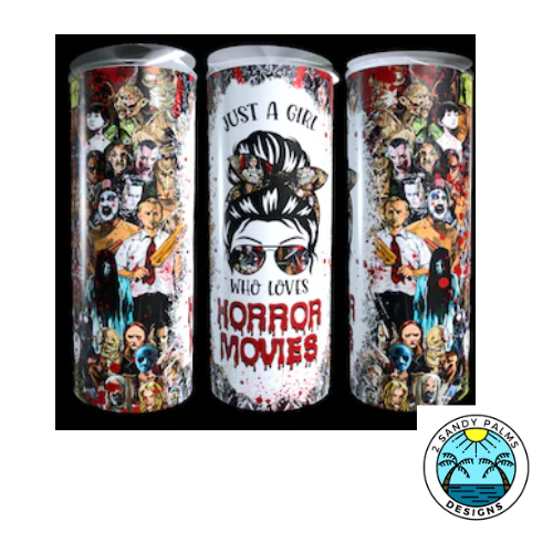 20oz skinny Just A Girl who loves horror movies tumbler halloween