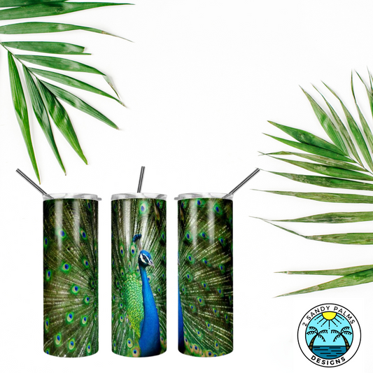 20oz. green and blue peacock tumbler skinny